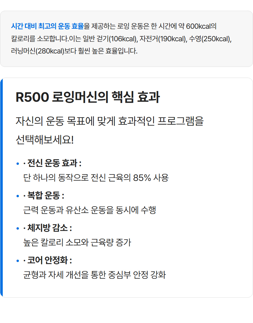 R500 로잉머신의 핵심 효과: 전신 운동, 복합 운동, 체지방 감소, 코어 안정화 등 주요 건강 효과 설명