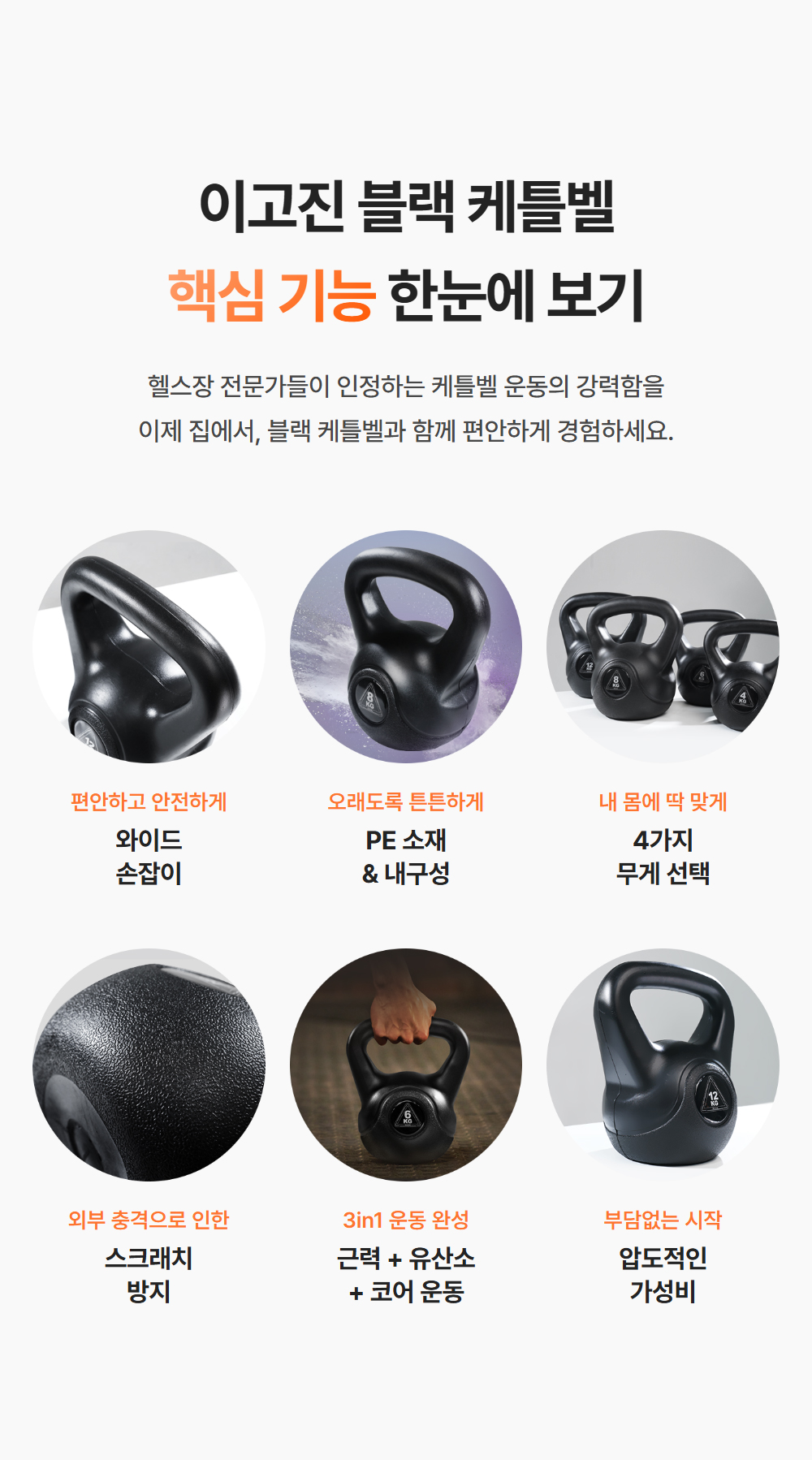 이고진 블랙 케틀벨 핵심 기능 한눈에 보기 - 와이드 손잡이, PE 소재 내구성, 4가지 무게 선택, 스크래치 방지, 3in1 운동 완성, 압도적인 가성비