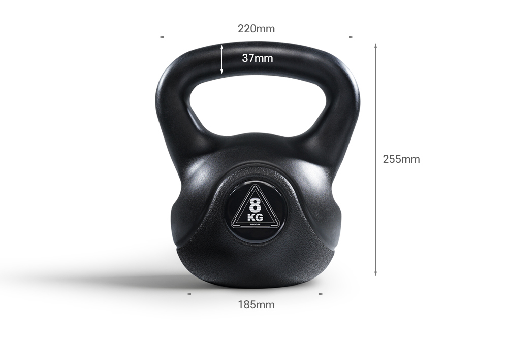 8kg 블랙 케틀벨 상세 치수 - 가로 220mm, 세로 185mm, 높이 255mm, 손잡이 굵기 37mm 정확한 제품 규격 안내
